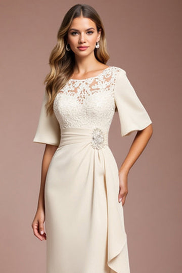 Apricot Lace Ruched Sheath Half Sleeve Mother of the Bride Dress with Sash